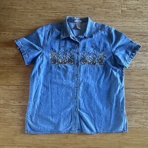 Just My Size Women's S/S Embroidered Denim Shirt Garden/Bird House Size 14/16